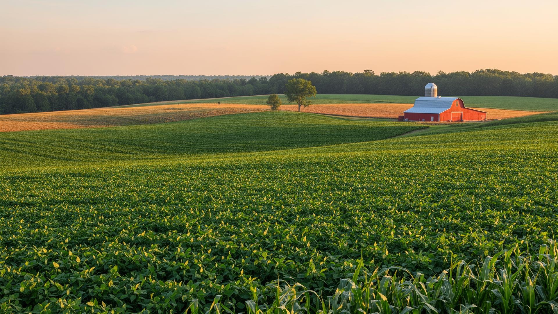 Rolling Indiana farmland at golden hour with a red barn — the landscape Keiffer's clients call home